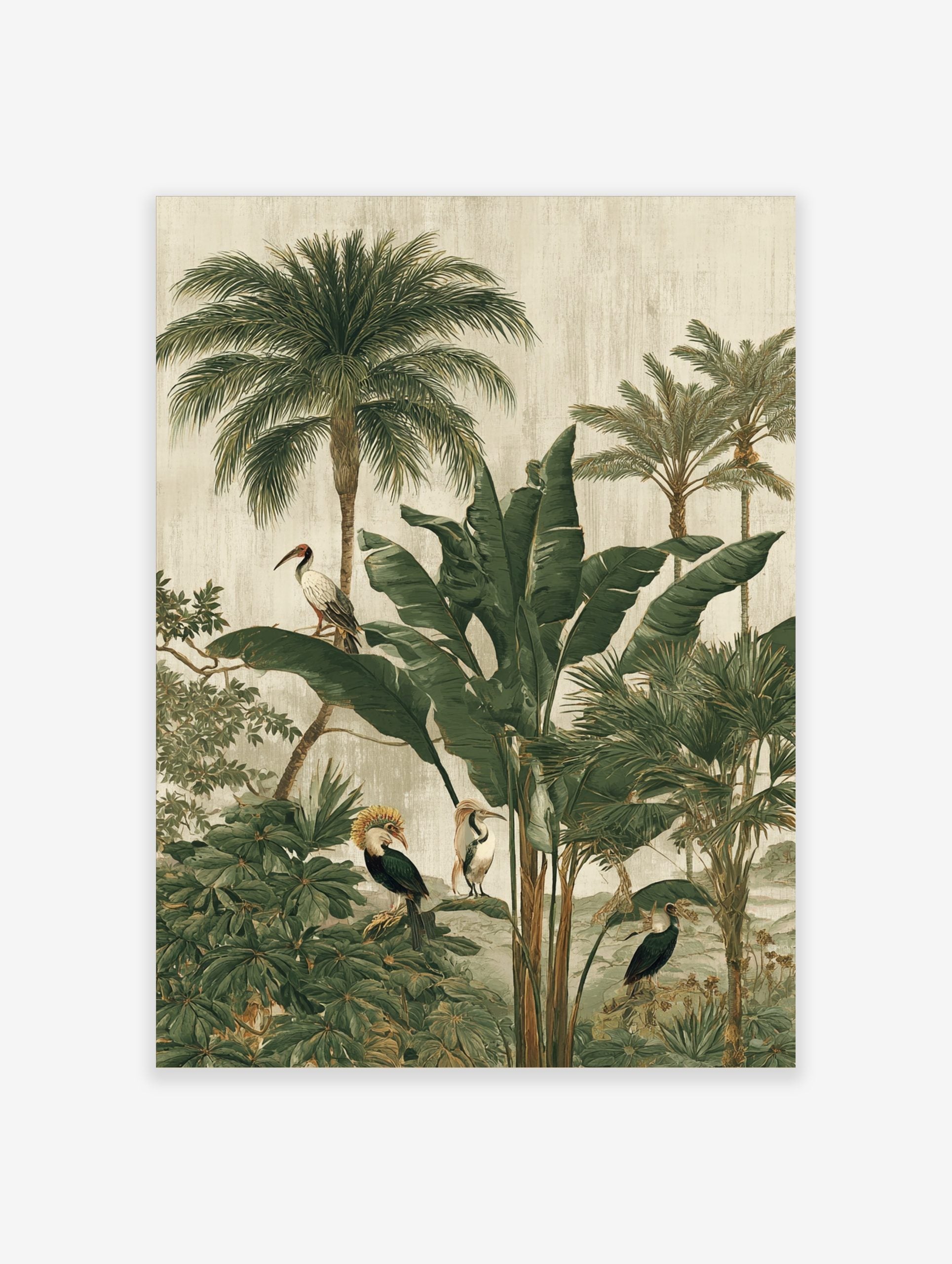Illustrative jungle scene with tropical birds, palm trees, and large green leaves on a textured beige background