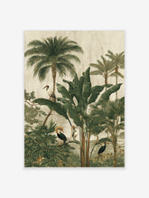 Illustrative jungle scene with tropical birds, palm trees, and large green leaves on a textured beige background