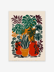 Tropical botanical poster featuring various green houseplants in red and orange pots with a cream background.