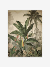 Tropical botanical poster featuring lush green banana leaves, pink flowers, and distant palm trees in a vintage illustration style.