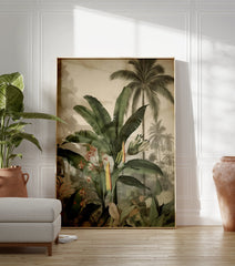 Tropical botanical poster featuring lush green banana leaves, pink flowers, and distant palm trees in a vintage illustration style. - Image 3
