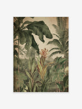 Tropical botanical poster with vintage jungle illustration featuring lush green leaves, a central orange flower, and distant buildings.