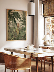 Tropical botanical poster with vintage jungle illustration featuring lush green leaves, a central orange flower, and distant buildings. - Image 2