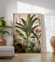Tropical botanical poster featuring large green banana plants, red flowers, and a detailed vintage landscape illustration. - Image 3