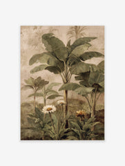 Tropical botanical painting with green banana leaves, palm trees, white daisies, and yellow flower
