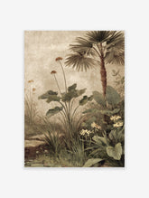 Vintage tropical botanical illustration with palm tree, large green leaves, and reddish-brown flowers on a beige background