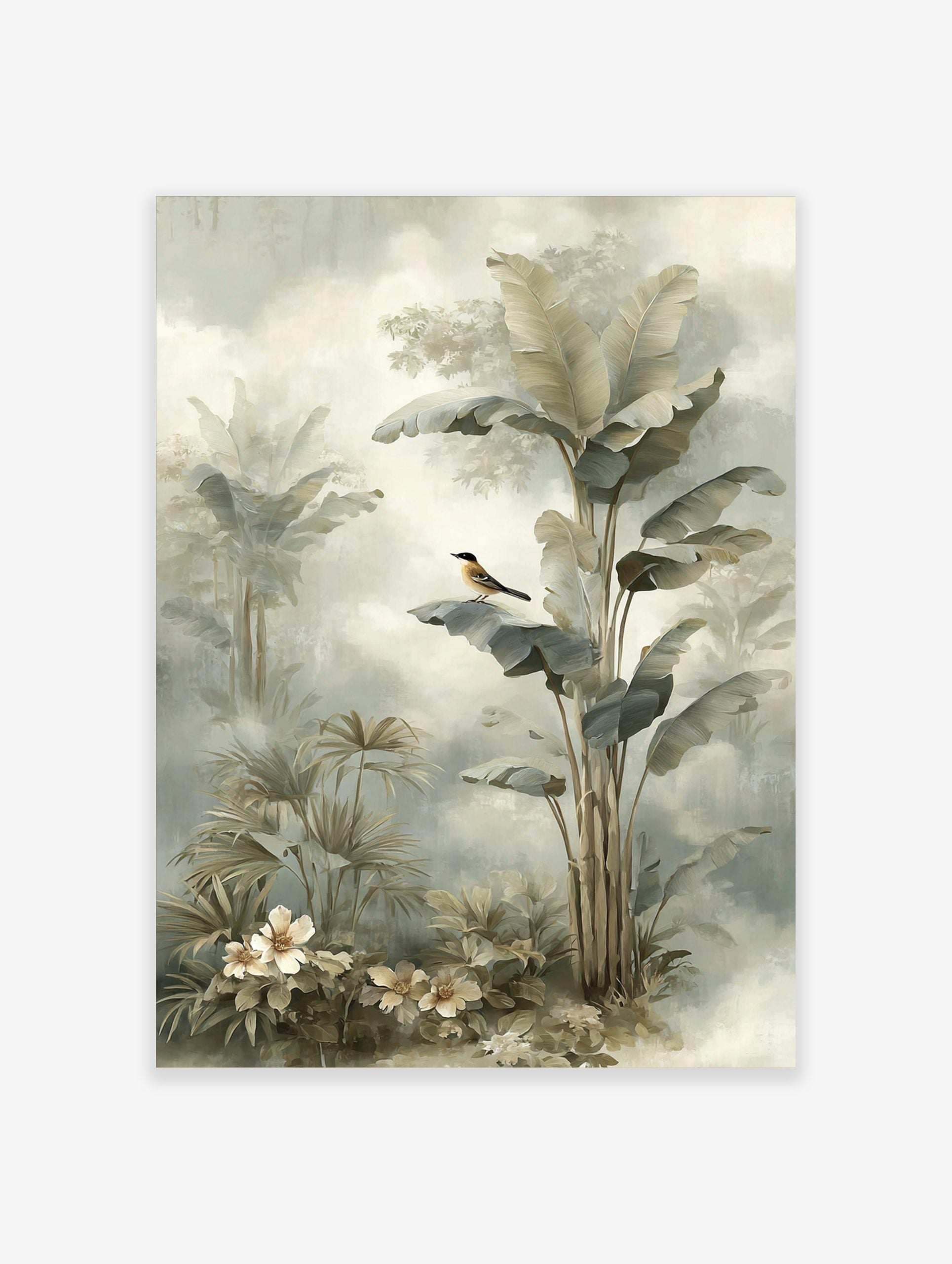 Illustrative tropical jungle print with a small bird on a banana leaf, palm plants, and white flowers in muted green and