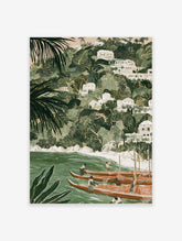 Tropical coastal landscape art print with fishermen in boats and green hillside houses in an illustrative style