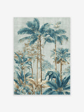 Illustrative tropical jungle wall art with an elephant walking among blue and brown palm trees and lush foliage.
