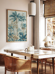 Illustrative tropical jungle wall art with an elephant walking among blue and brown palm trees and lush foliage. - Image 2