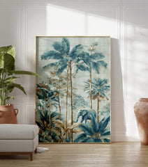 Illustrative tropical jungle wall art with an elephant walking among blue and brown palm trees and lush foliage. - Image 3