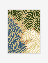 Tropical fern botanical art print with green, blue, and white leaves on beige background