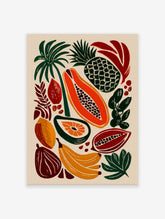 Tropical fruit poster featuring bold illustrations of papaya, pineapple, bananas, and tropical leaves on a light background.
