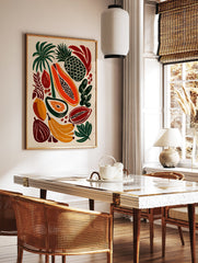 Tropical fruit poster featuring bold illustrations of papaya, pineapple, bananas, and tropical leaves on a light background. - Image 2