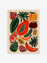 A vibrant tropical fruit poster featuring illustrated papaya, bananas, and other botanical elements in a modern style.