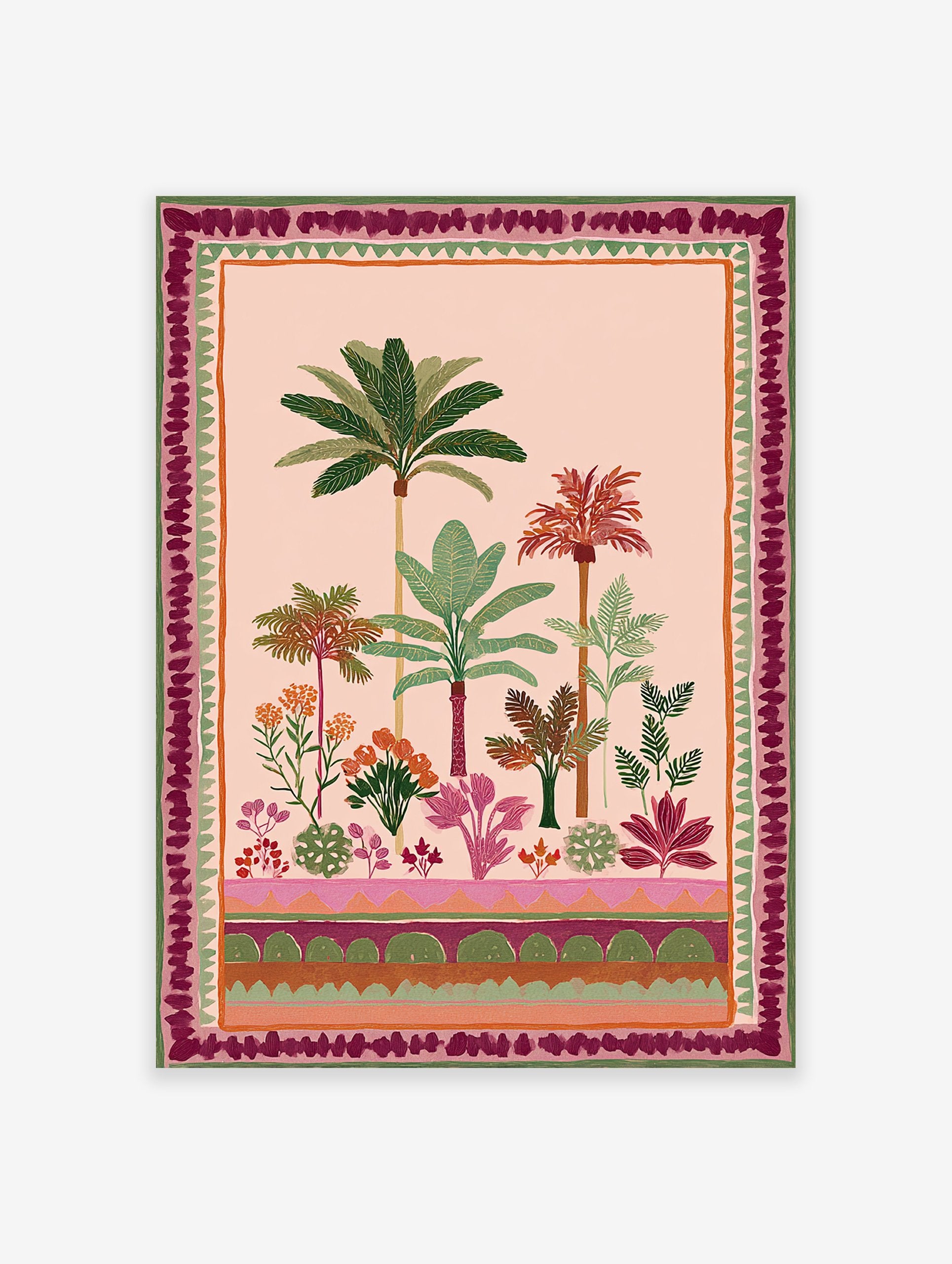 Tropical garden poster with lush green palm trees, colorful flowers, and a decorative border on a light pink background.