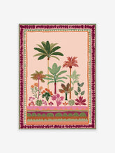 Tropical garden poster with lush green palm trees, colorful flowers, and a decorative border on a light pink background.