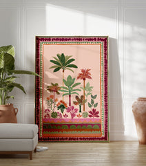 Tropical garden poster with lush green palm trees, colorful flowers, and a decorative border on a light pink background. - Image 3