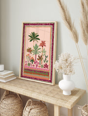 Tropical garden poster with lush green palm trees, colorful flowers, and a decorative border on a light pink background. - Image 4