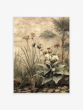 Botanical art print of a tropical garden with palm trees, tall grasses, and flowering plants over water with lily pads