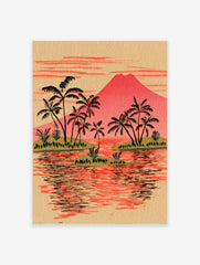 Illustrative tropical island landscape print with red volcano, black palm trees on green islets, and red water reflection