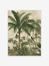 Tropical jungle landscape wall art with banana trees, palm fronds, exotic birds, and a pagoda building