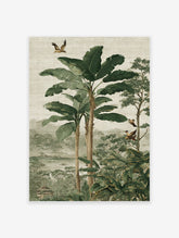 Lush tropical jungle wall art with large green banana leaves, tall trees, exotic birds, a river, and distant misty mountains.