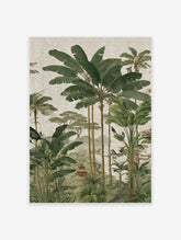 Tropical jungle wall art featuring lush banana and palm trees, exotic birds, and a traditional Asian pagoda in a serene landscape.