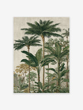 Vintage tropical jungle wall art illustration with lush green palm trees, banana plants, and distant mountains on a textured background.