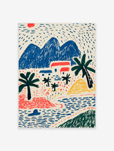 Tropical landscape art print with blue mountains, palm trees, red-roofed houses, and red sun on cream background
