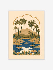Illustrative tropical landscape print with palm trees, mountains, and a lake inside an ornate arched border