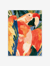 Tropical macaw parrot art print with red and orange feathers, cream face and dark green beak among leaves