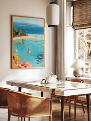 Painterly tropical beach scene with a person paddleboarding on clear turquoise water and palm trees, in a styled room mockup