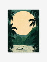 Tropical palm moon poster with large yellow moon, dark palm silhouettes, green hills and a lone boat on water