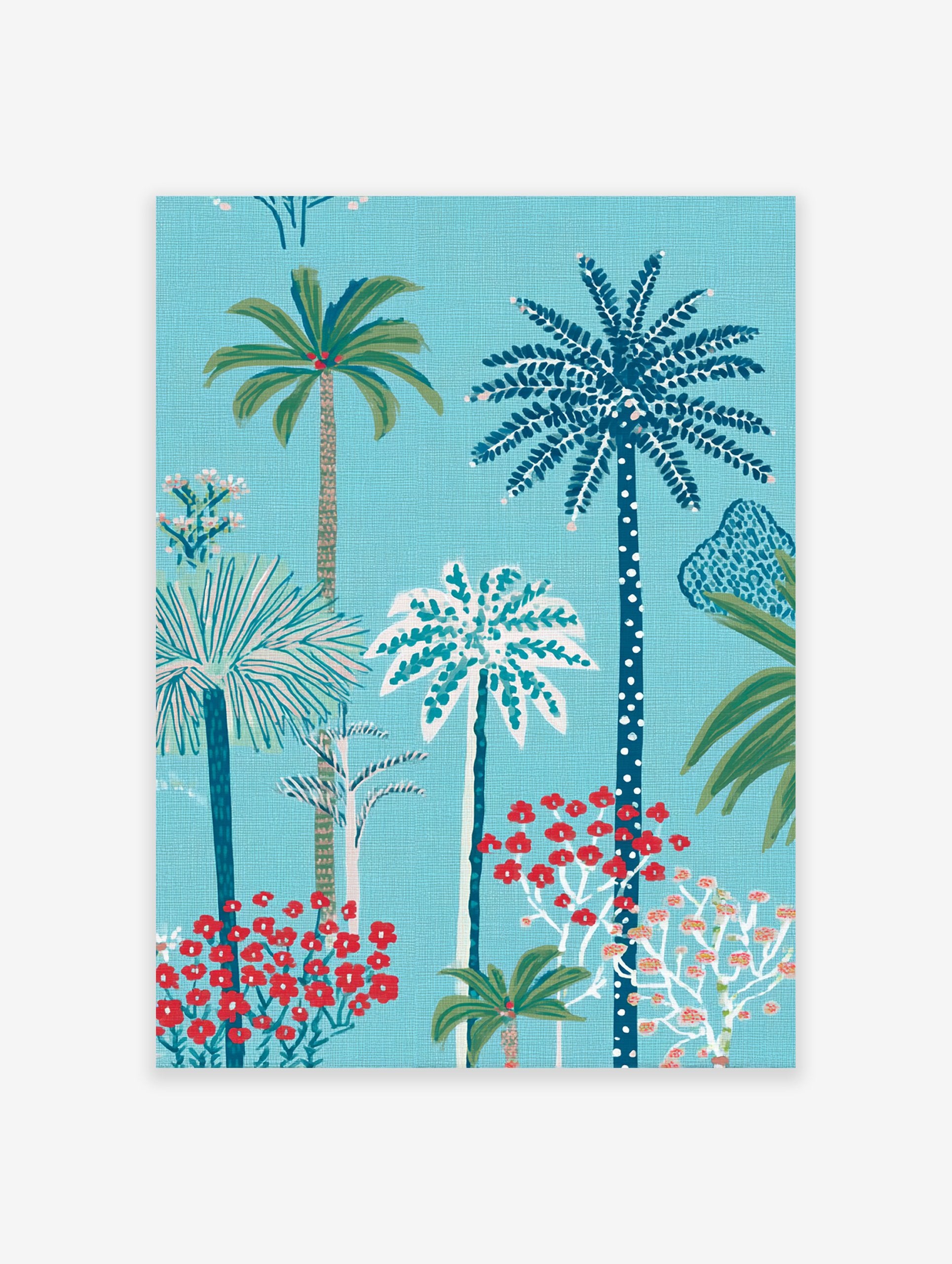 Illustrated tropical palm tree forest poster with red flowers and a blue background.