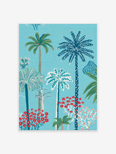Illustrated tropical palm tree forest poster with red flowers and a blue background.