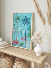 Illustrated tropical palm tree forest poster with red flowers and a blue background. - Image 4