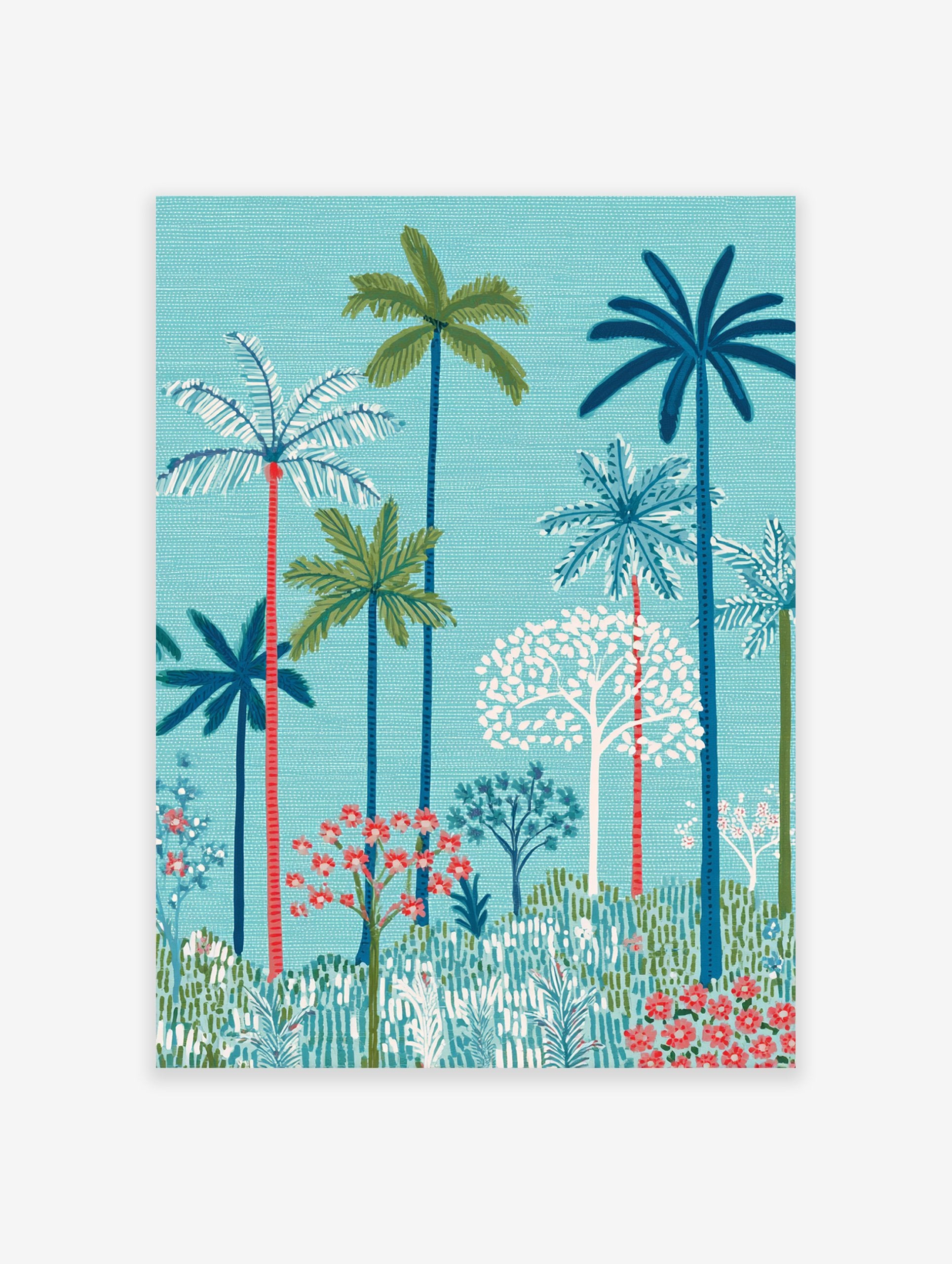Vibrant tropical palm tree poster with lush green and blue foliage and red accents against a teal background.