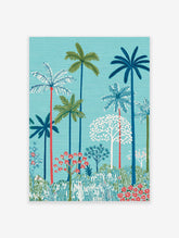 Vibrant tropical palm tree poster with lush green and blue foliage and red accents against a teal background.