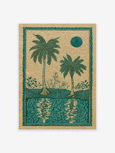 Tropical palm tree poster with two teal palm trees, plants, a stylized sun, and water reflections on beige paper.