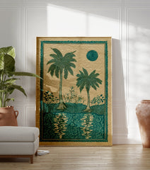 Tropical palm tree poster with two teal palm trees, plants, a stylized sun, and water reflections on beige paper. - Image 3