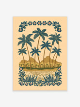 Illustrative tropical beach scene with blue palm trees, brown mountains, water, and decorative floral borders