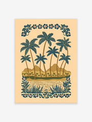 Illustrative tropical beach scene with blue palm trees, brown mountains, water, and decorative floral borders