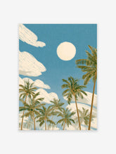 Illustrative tropical palm tree wall art with a full moon and white clouds against a blue sky, conveying a beach scene.