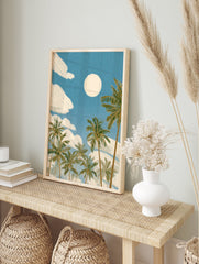 Illustrative tropical palm tree wall art with a full moon and white clouds against a blue sky, conveying a beach scene. - Image 3
