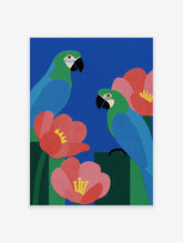 Tropical parrot and flower art poster with blue background and green and blue birds