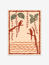 Illustrative art print of two red parrots on branches with green tropical leaves and orange wavy lines