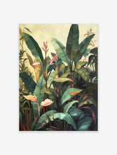 Tropical plant poster featuring lush green banana-like leaves and pink-orange flowers with dark red stems in an illustrative style.