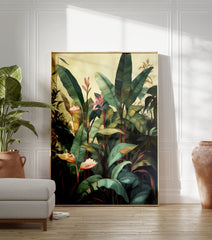 Tropical plant poster featuring lush green banana-like leaves and pink-orange flowers with dark red stems in an illustrative style. - Image 3