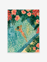 Tropical pool poster of a woman floating in turquoise water with pink hibiscus and palm leaves